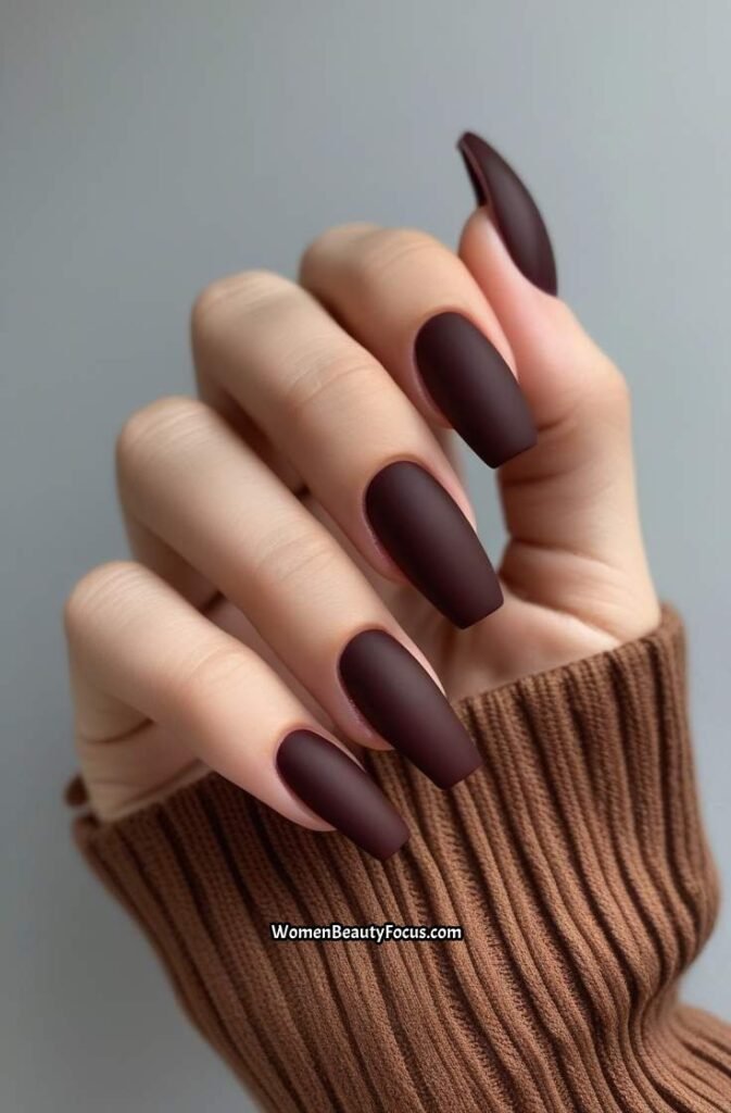2. Matte Cherry Brown Coffin Nails
