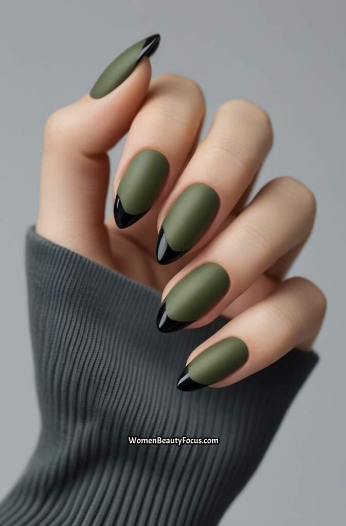 2. Matte Olive Green Nails with Black Tips