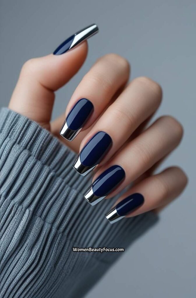 2. Midnight Blue Gel Nails with Chrome Tips