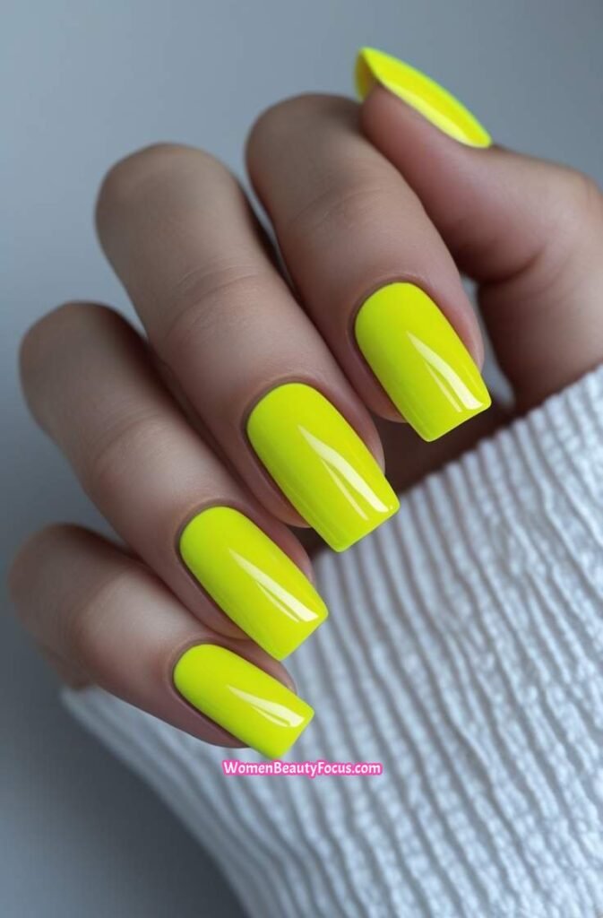 2. Neon Yellow Square Nails with Gloss