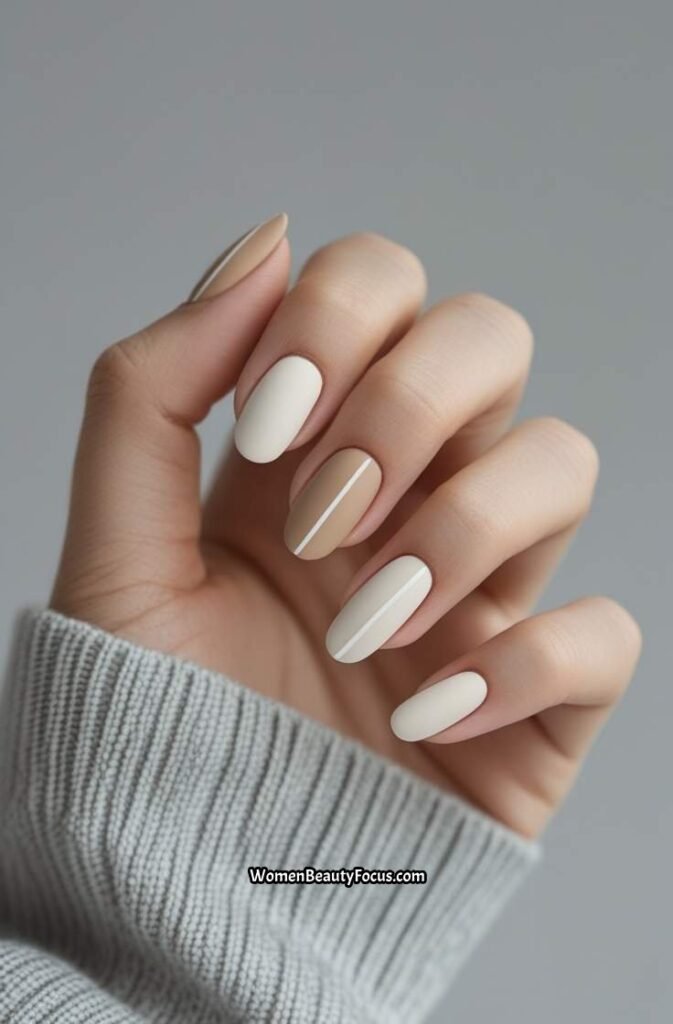 2. Neutral Beige and White Accent Nails