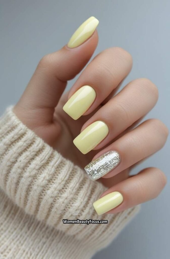 2. Pastel Yellow Nails with Subtle Glitter