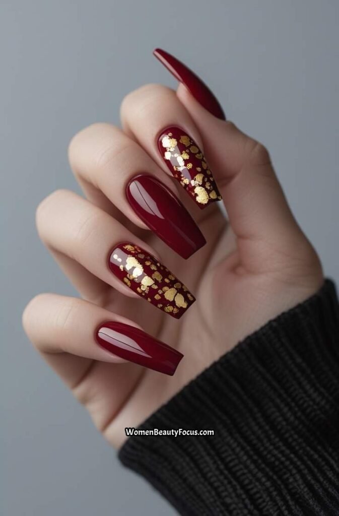 2. Red and Gold Foil Coffin Nails