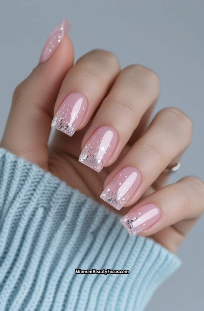 2. Sheer Pink Square Nails with Micro Glitter