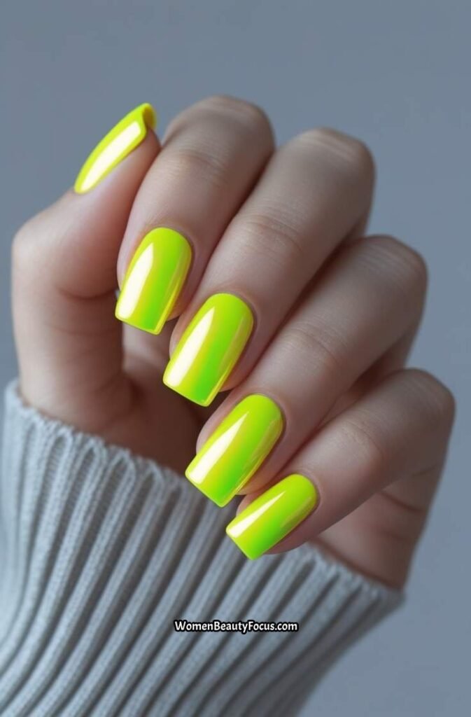 2. Short Square Neon Yellow Chrome Nails