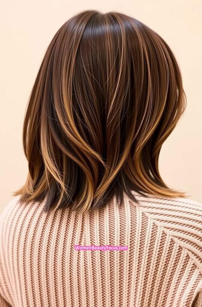 2. Sleek Mid Length Layers with Caramel Lowlights Back View