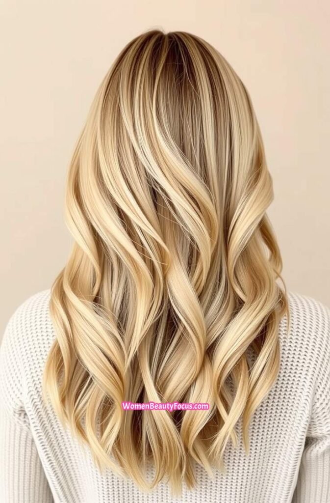 2. Soft Blonde Balayage with Long Layers Back View