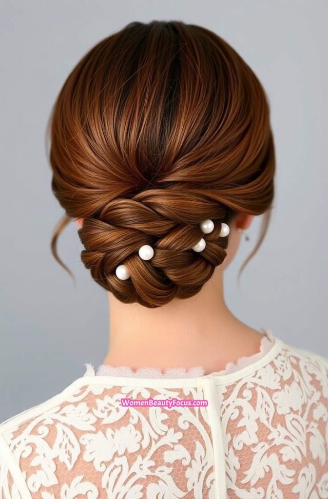 2. Twisted Low Bun with Decorative Pins Back View