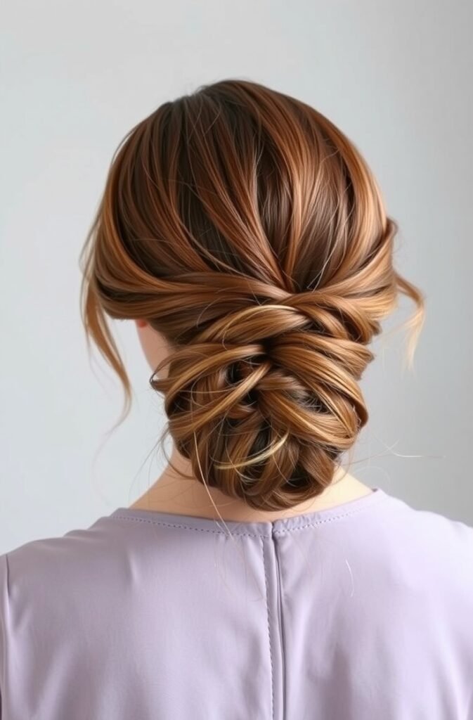 2. Twisted Low Bun with Loose Strands Back View