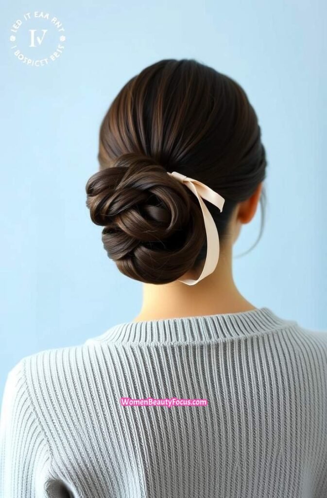2. Twisted Low Bun with Ribbon Accent Back View