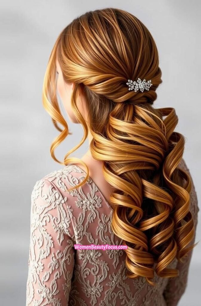 2. Voluminous Low Ponytail with Loose Curls Back View