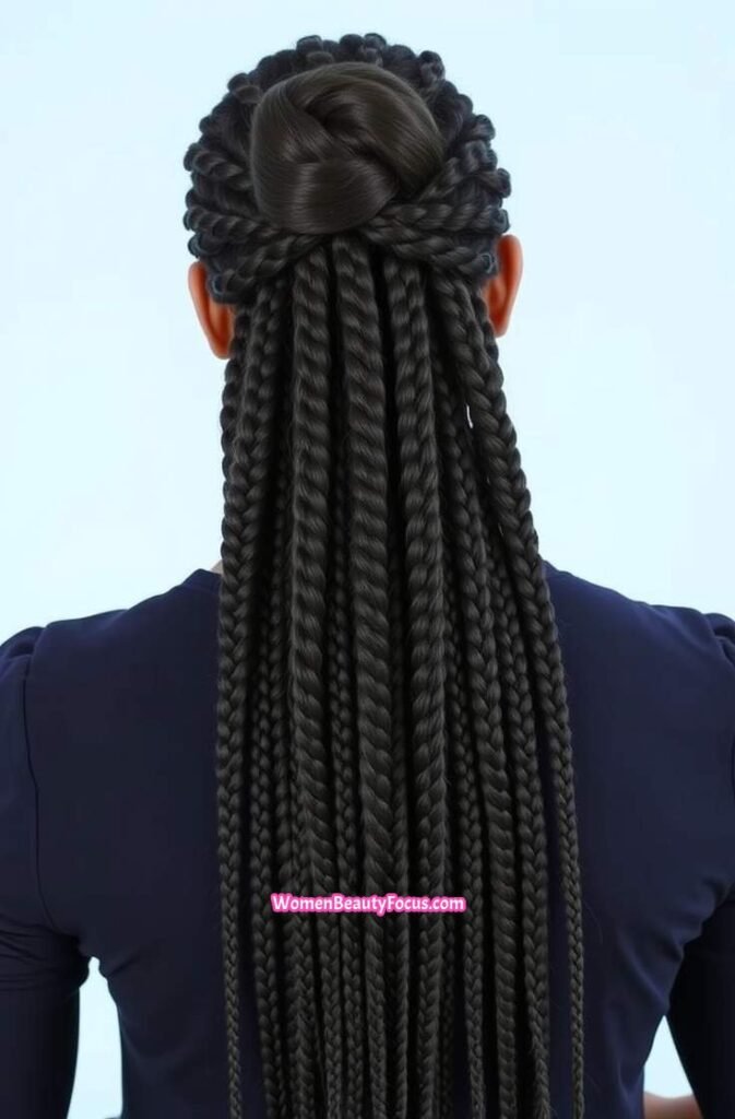 20. Box Braids Tied into a Half Up Bun Back View
