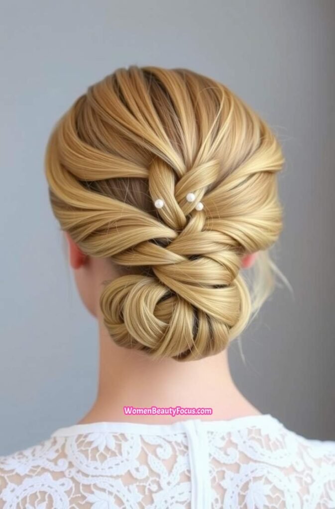 20. Braided Bun with Pearl Pins Back View