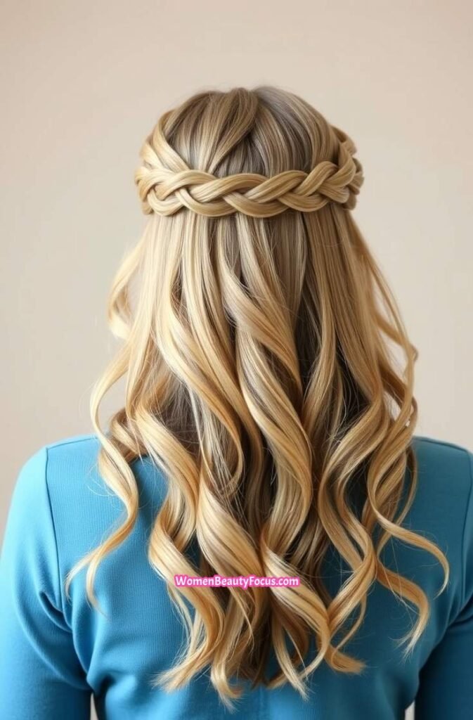 20. Braided Crown with Loose Waves Back View