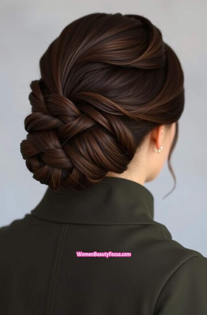 20. Deep Brown Braided Bun Back View