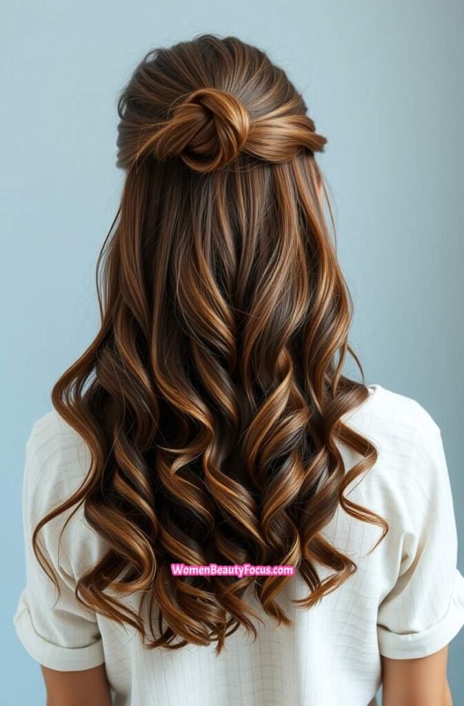 20. Half Up Boho Knot with Loose Curls Back View