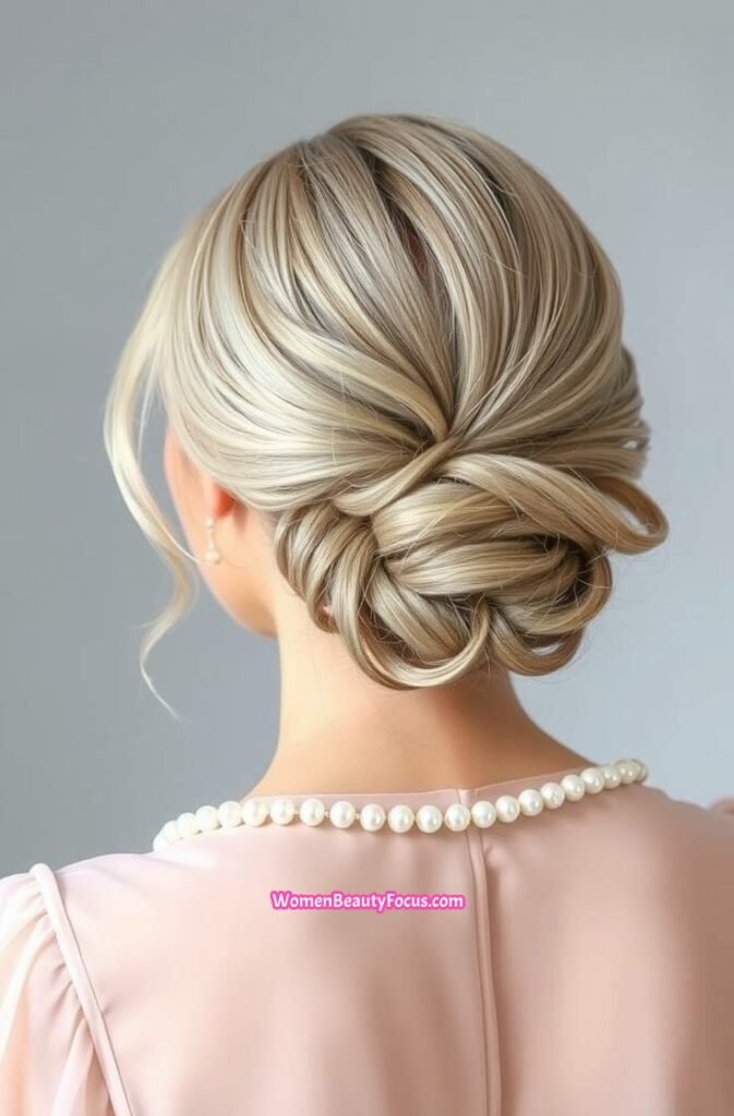 20. Low Rolled Bun with Soft Curls Back View