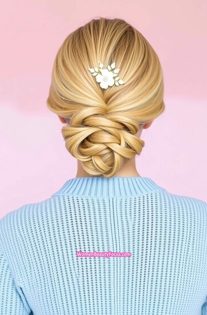 20. Low Rolled Chignon with Floral Pin Back View