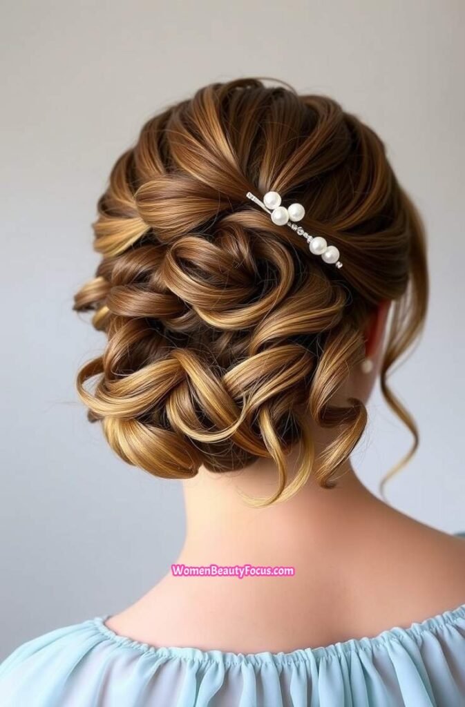 20. Romantic Twisted Half Updo with Pearl Pins Back View