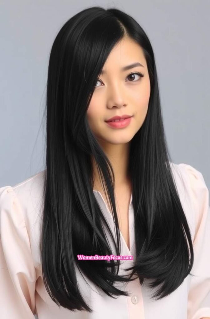 21. Glossy Long Hair with a Sleek Side Part FrontStraight View