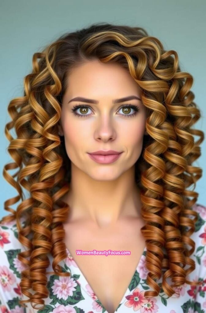 21. Long Spiral Curls with Floral Blouse Front View