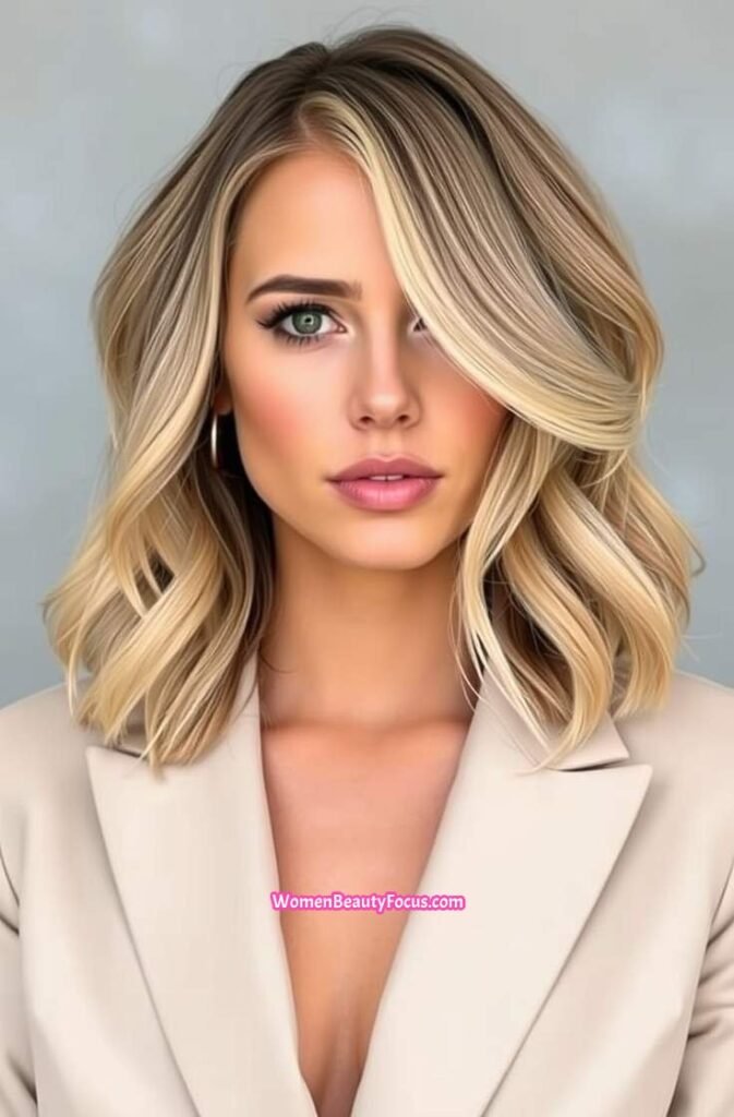 21. Wavy Lob with Subtle Highlights Front View