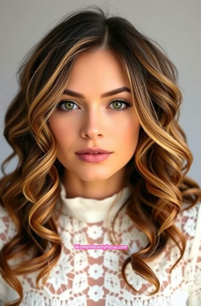 23. Mid Length Layered Curls with Middle Part Front View