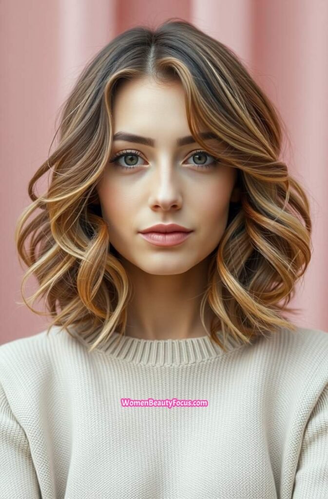 23. Shaggy Bob with Loose Curls and Highlights FrontStraight View