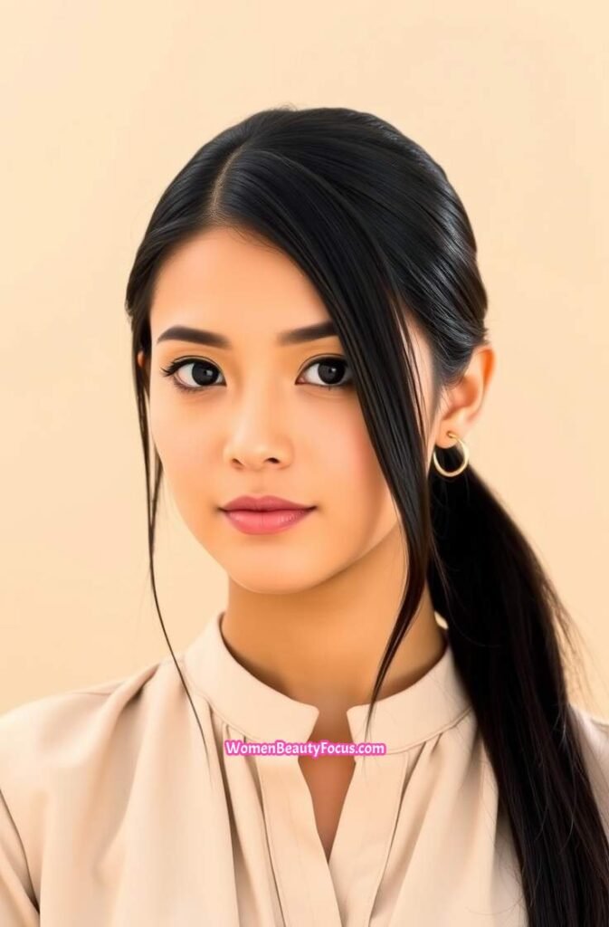 23. Sleek Low Ponytail with Center Part Front View