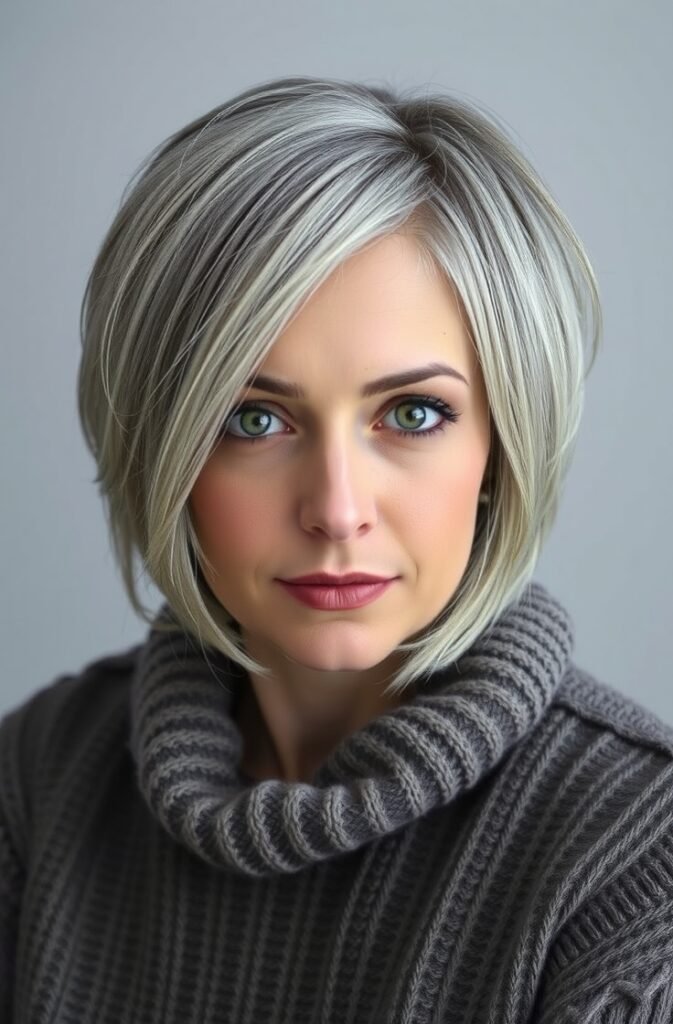 23. Textured Grey Bob with Side Swept Bangs FrontStraight View
