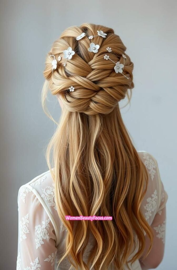 24. Braided Crown Bun with Floral Pins Back View