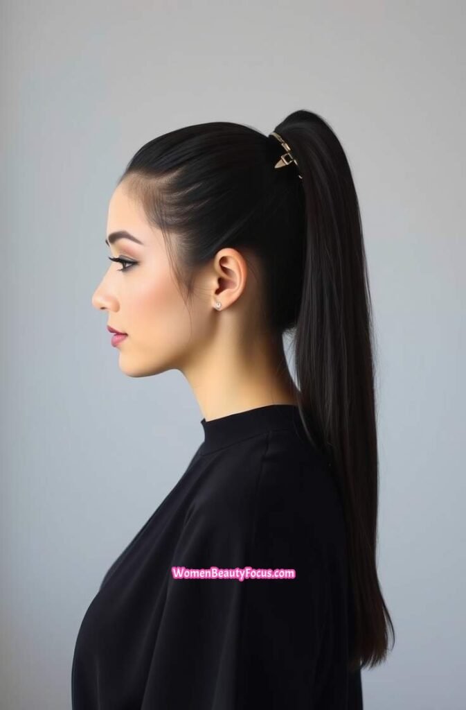 24. Sleek High Claw Clip Ponytail Front View