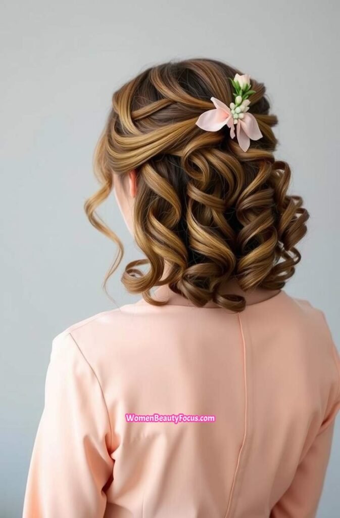 24. Soft Curls with Floral Hair Accessory Back View