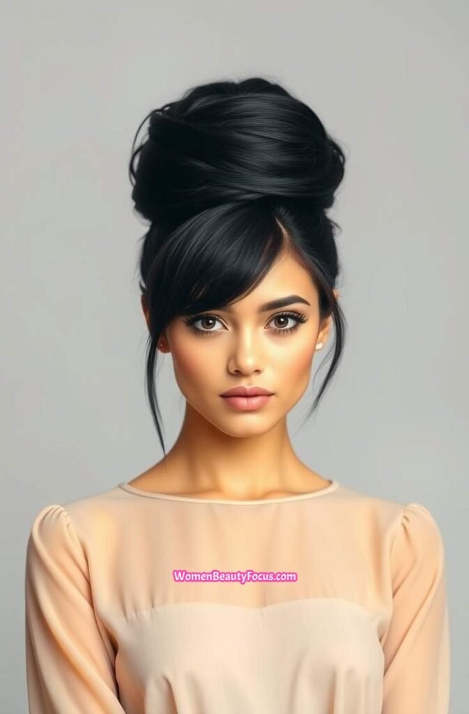 3. Classic High Bun with Soft Bangs Front View