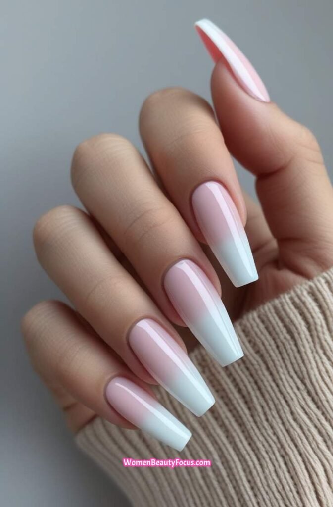 3. Coffin Shaped French Tips with a Glossy Finish