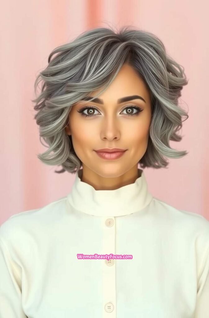 3. Grey Bob with Loose Curls FrontStraight View