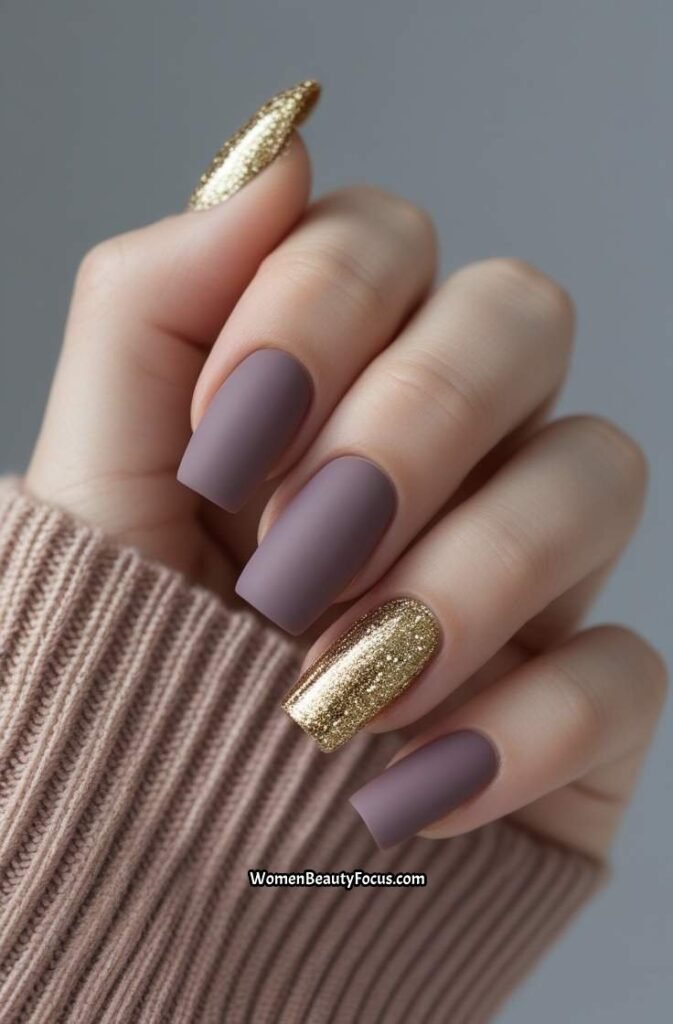 3. Matte Mauve Nails with Gold Glitter Tips