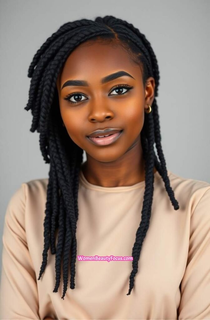 3. Medium Locs with Curved Side Part FrontStraight View