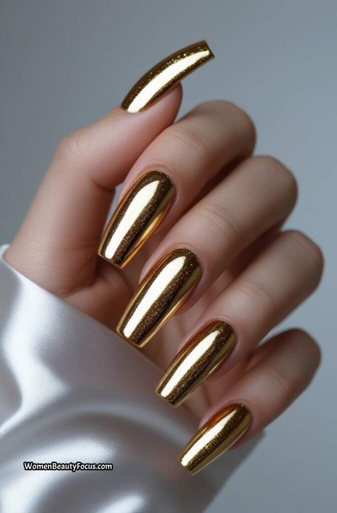 3. Metallic Gold Chrome Coffin Nails