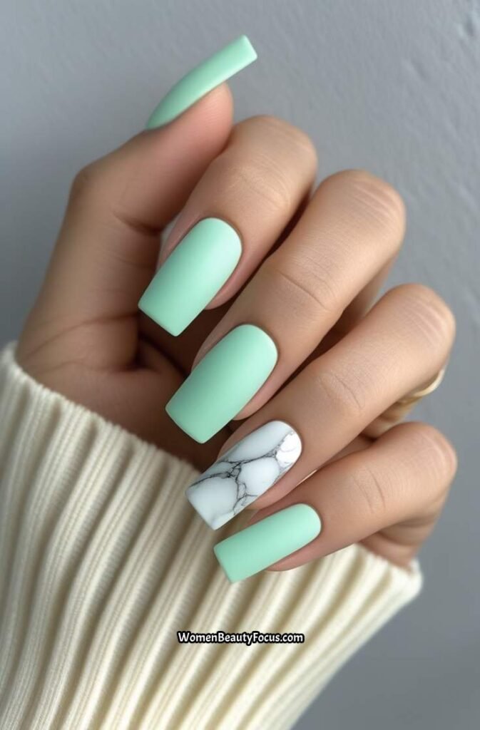 3. Mint Green Square Nails with Subtle Marble