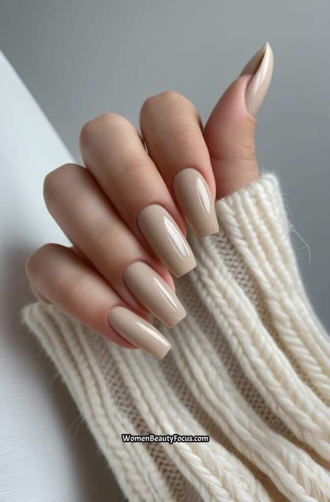 3. Neutral Beige Nails with a Glossy Finish