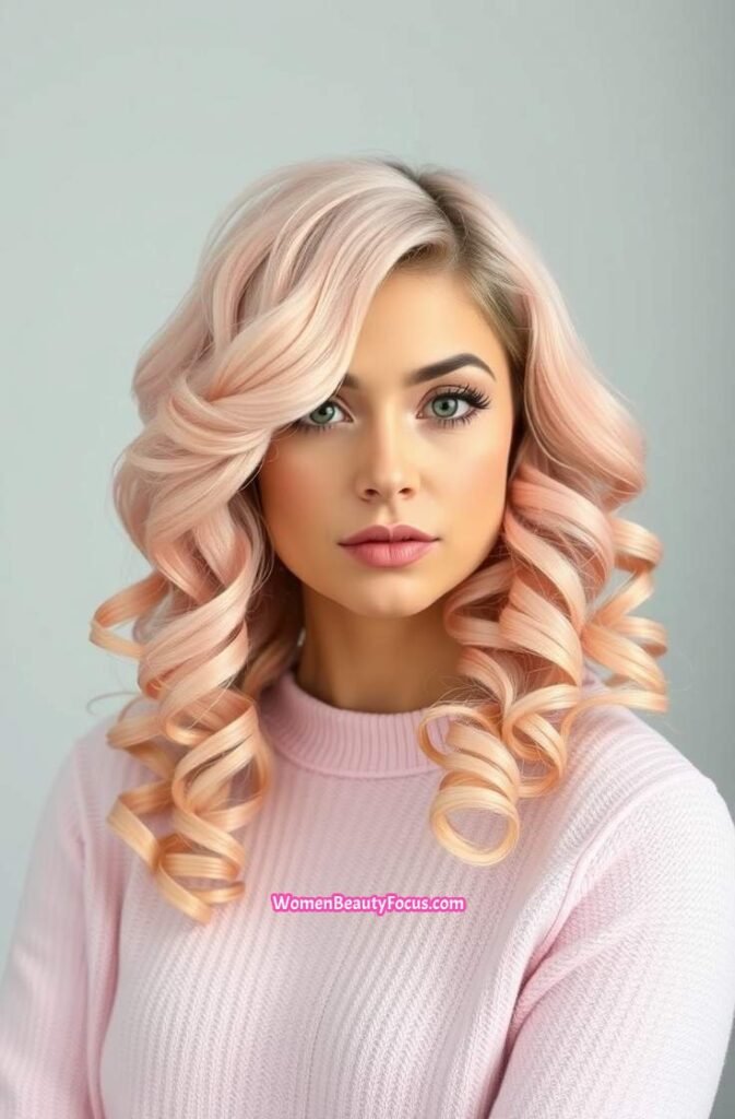 3. Peachy Pink Curls with Side Swept Bangs FrontStraight View