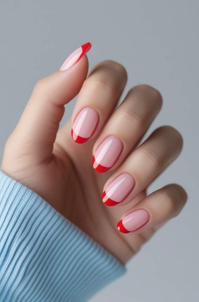 3. Red French Tips with a Sheer Base