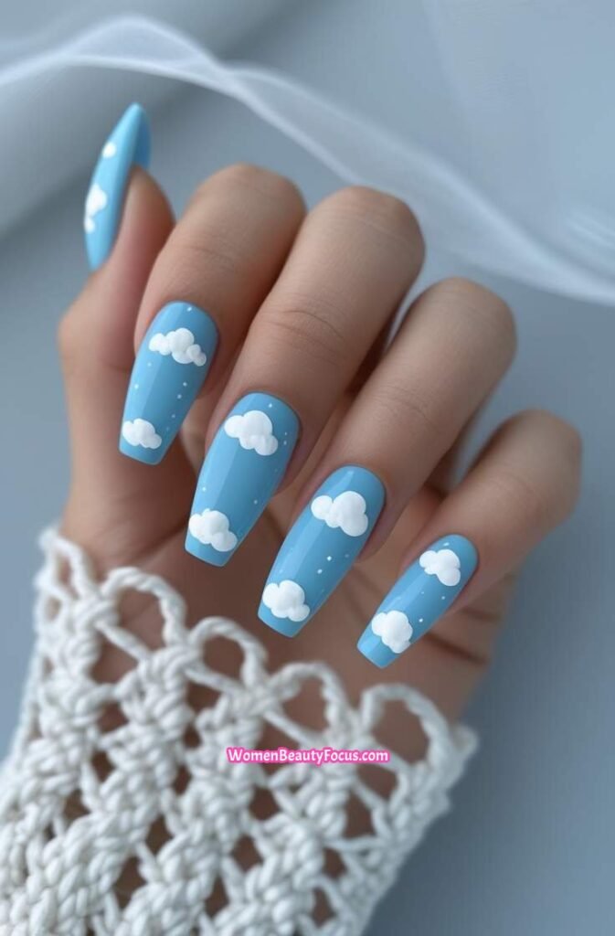 3. Sky Blue Coffin Nails with Cloud Art
