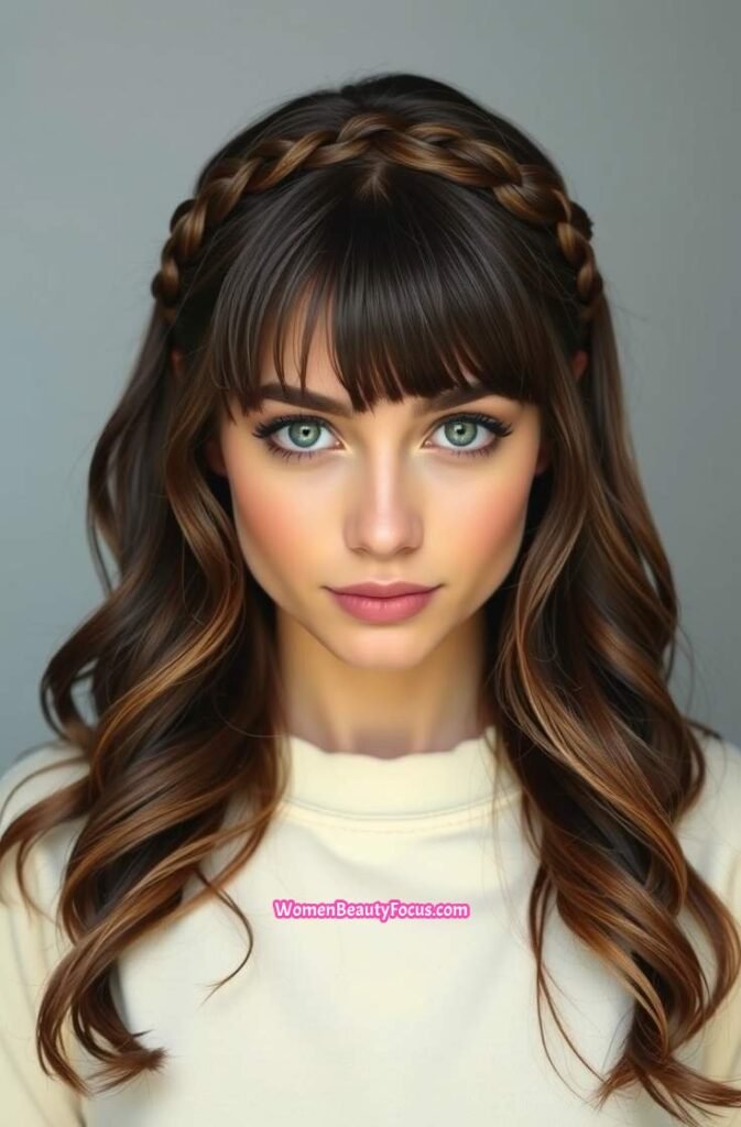 3. Soft Curtain Bangs with a Braided Crown Front View