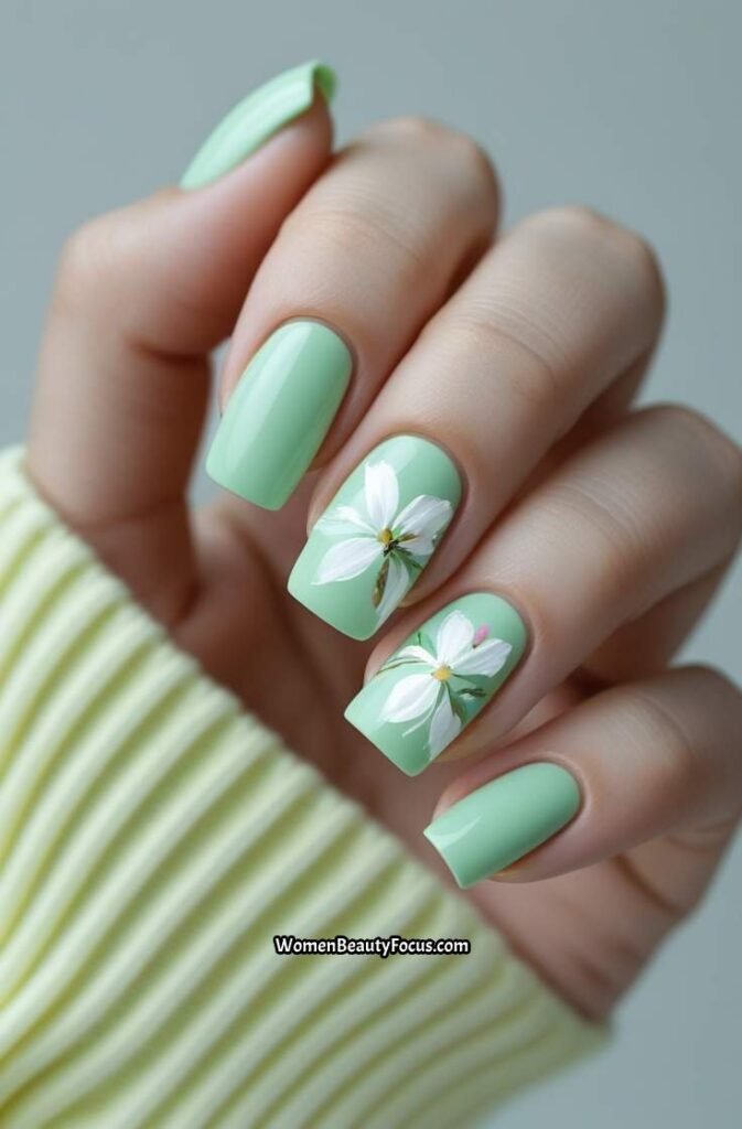 3. Soft Mint Green Nails with White Floral Accents