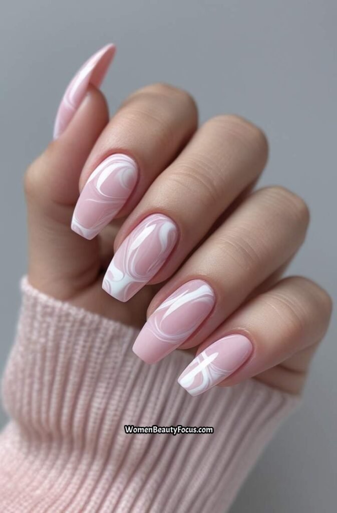 3. Soft Pink Marble Short Acrylic Nails