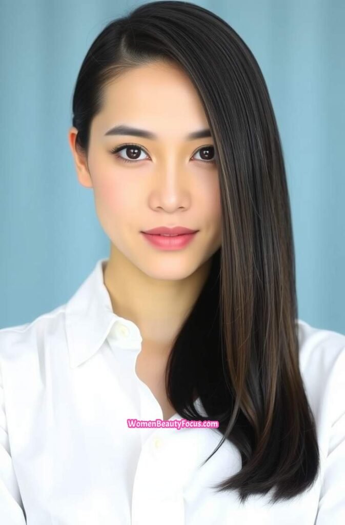 3. Soft Side Part with Sleek Straight Hair Front View