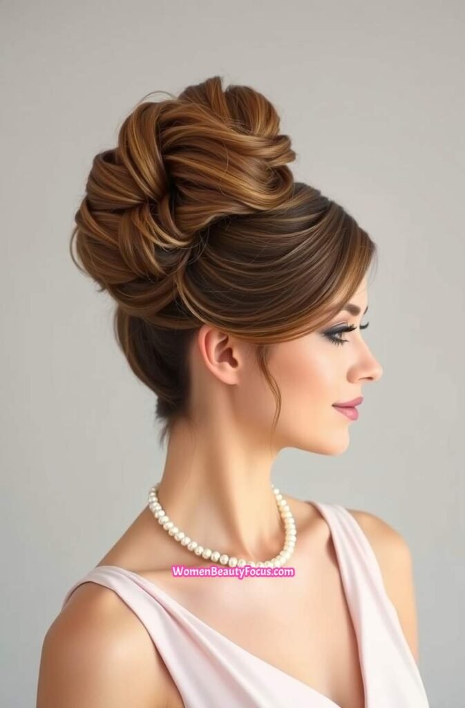 3. Voluminous High Bun with Side Swept Bangs Front View