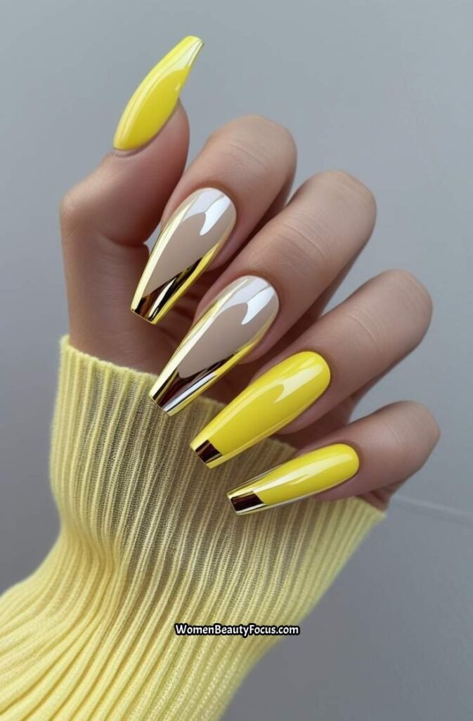 3. Yellow Chrome French Tips on Coffin Nails